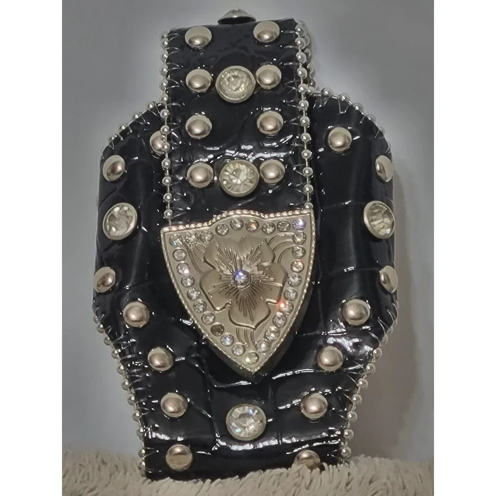 Montana West Cell Phone Case Bling Black Faux Leather Holster Clip Rhinestones